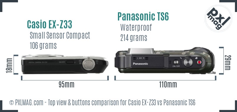 Casio EX-Z33 vs Panasonic TS6 top view buttons comparison