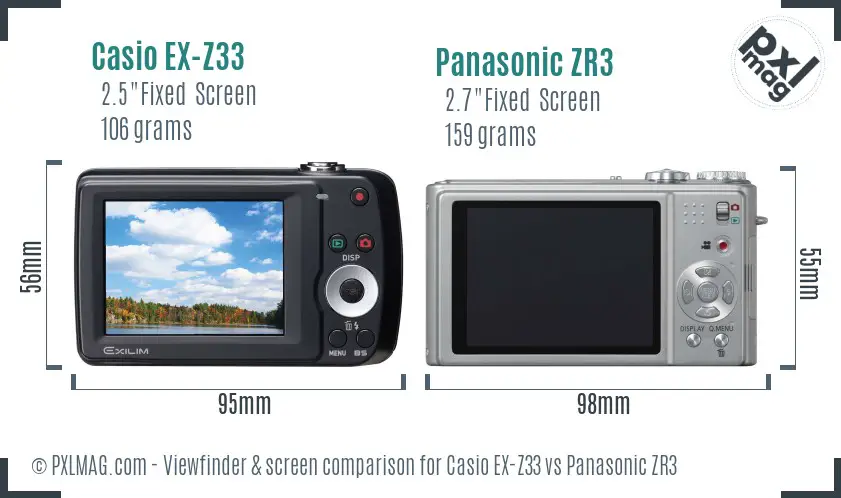 Casio EX-Z33 vs Panasonic ZR3 Screen and Viewfinder comparison