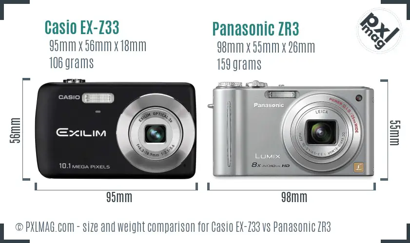Casio EX-Z33 vs Panasonic ZR3 size comparison