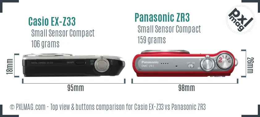 Casio EX-Z33 vs Panasonic ZR3 top view buttons comparison