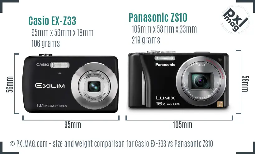 Casio EX-Z33 vs Panasonic ZS10 size comparison