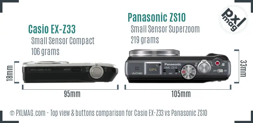 Casio EX-Z33 vs Panasonic ZS10 top view buttons comparison