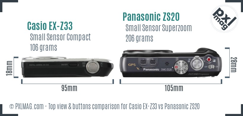 Casio EX-Z33 vs Panasonic ZS20 top view buttons comparison