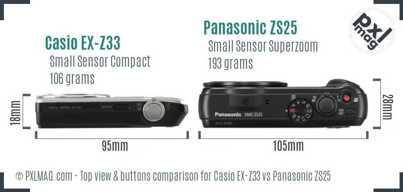 Casio EX-Z33 vs Panasonic ZS25 top view buttons comparison