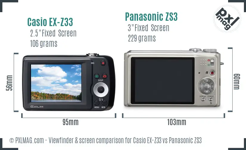 Casio EX-Z33 vs Panasonic ZS3 Screen and Viewfinder comparison