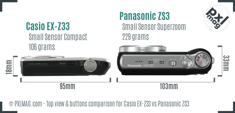 Casio EX-Z33 vs Panasonic ZS3 top view buttons comparison