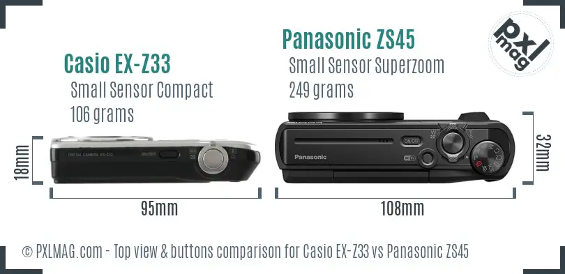 Casio EX-Z33 vs Panasonic ZS45 top view buttons comparison Casio EX-Z33 vs Panasonic ZS45 top view buttons comparison