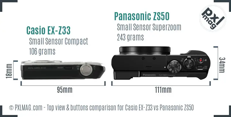 Casio EX-Z33 vs Panasonic ZS50 top view buttons comparison