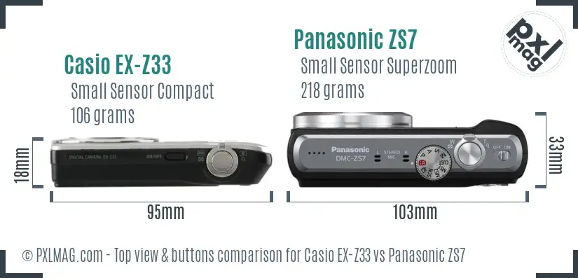 Casio EX-Z33 vs Panasonic ZS7 top view buttons comparison