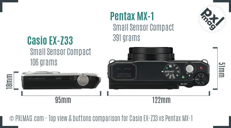 Casio EX-Z33 vs Pentax MX-1 top view buttons comparison