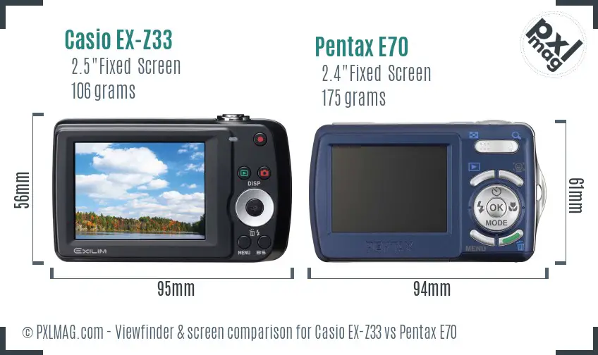 Casio EX-Z33 vs Pentax E70 Screen and Viewfinder comparison