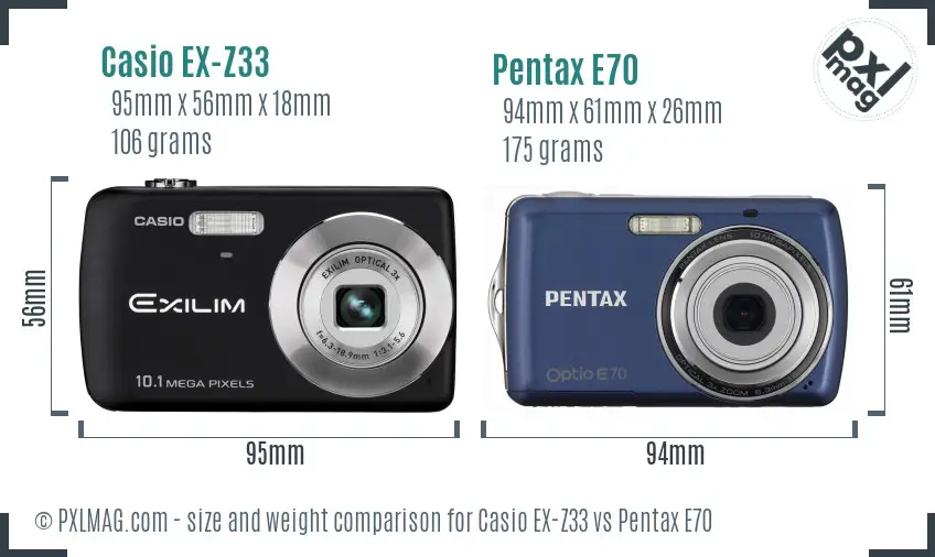 Casio EX-Z33 vs Pentax E70 size comparison