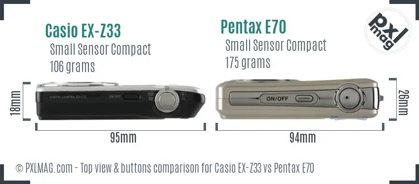 Casio EX-Z33 vs Pentax E70 top view buttons comparison