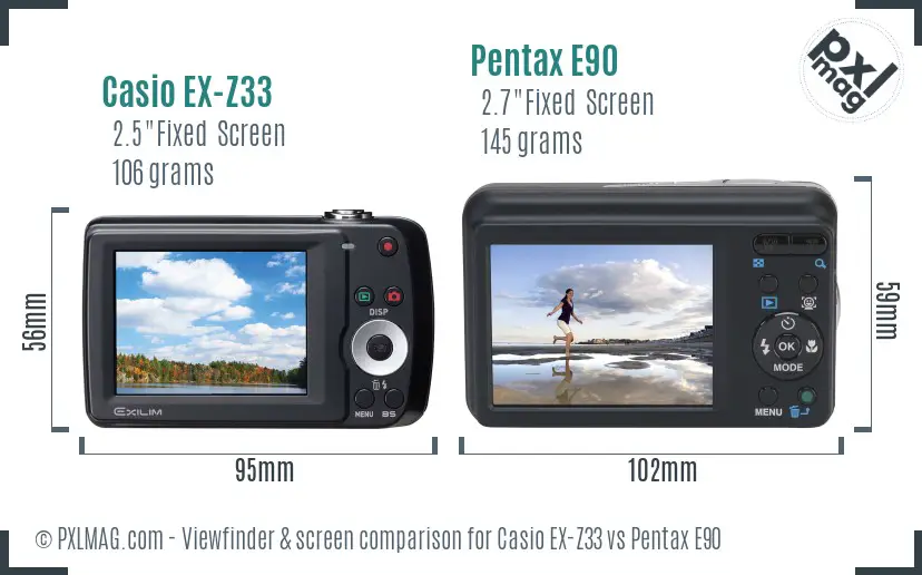 Casio EX-Z33 vs Pentax E90 Screen and Viewfinder comparison