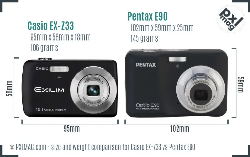 Casio EX-Z33 vs Pentax E90 size comparison