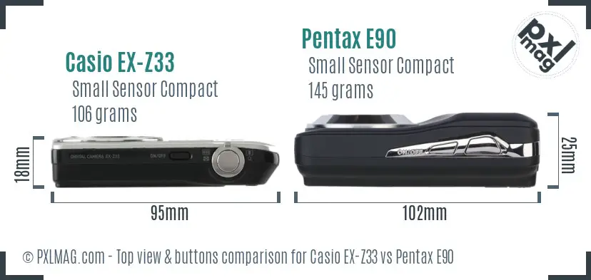 Casio EX-Z33 vs Pentax E90 top view buttons comparison