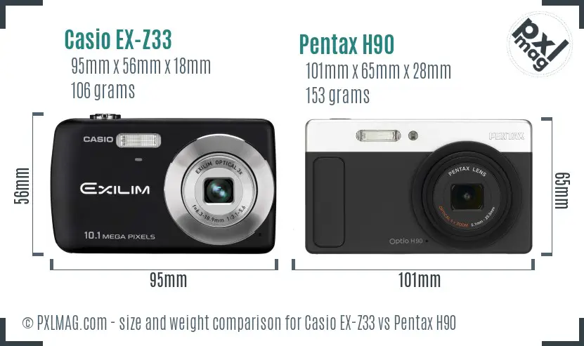 Casio EX-Z33 vs Pentax H90 size comparison