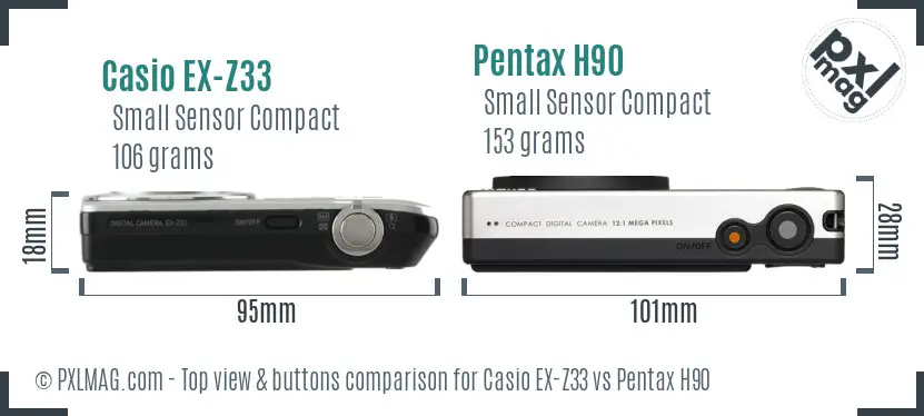 Casio EX-Z33 vs Pentax H90 top view buttons comparison