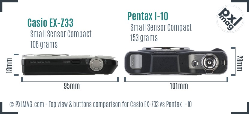 Casio EX-Z33 vs Pentax I-10 top view buttons comparison