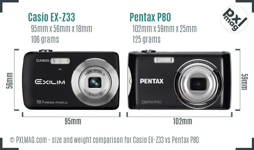 Casio EX-Z33 vs Pentax P80 size comparison