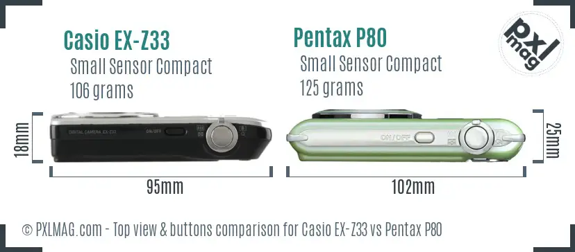 Casio EX-Z33 vs Pentax P80 top view buttons comparison