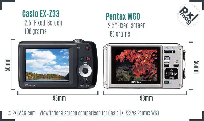 Casio EX-Z33 vs Pentax W60 Screen and Viewfinder comparison