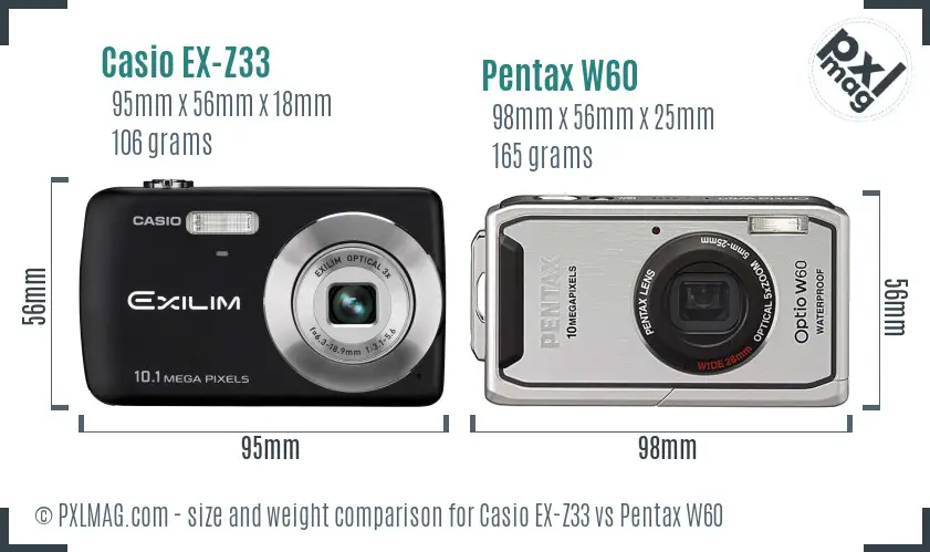 Casio EX-Z33 vs Pentax W60 size comparison