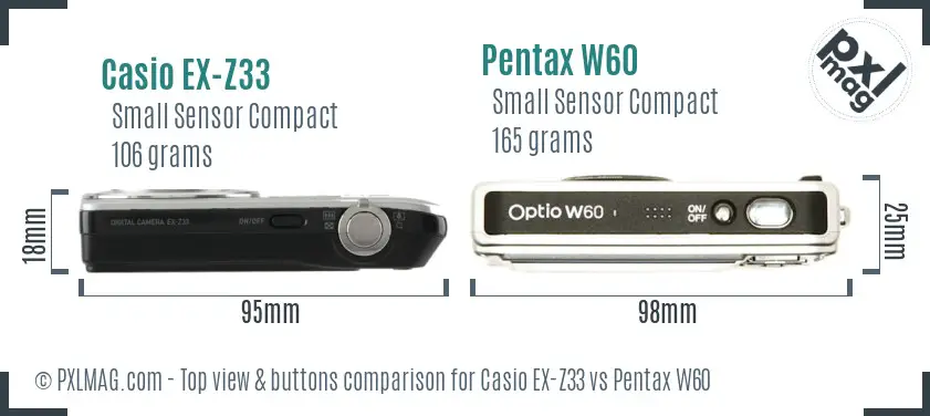 Casio EX-Z33 vs Pentax W60 top view buttons comparison