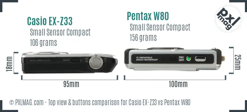 Casio EX-Z33 vs Pentax W80 top view buttons comparison Casio EX-Z33 vs Pentax W80 top view buttons comparison