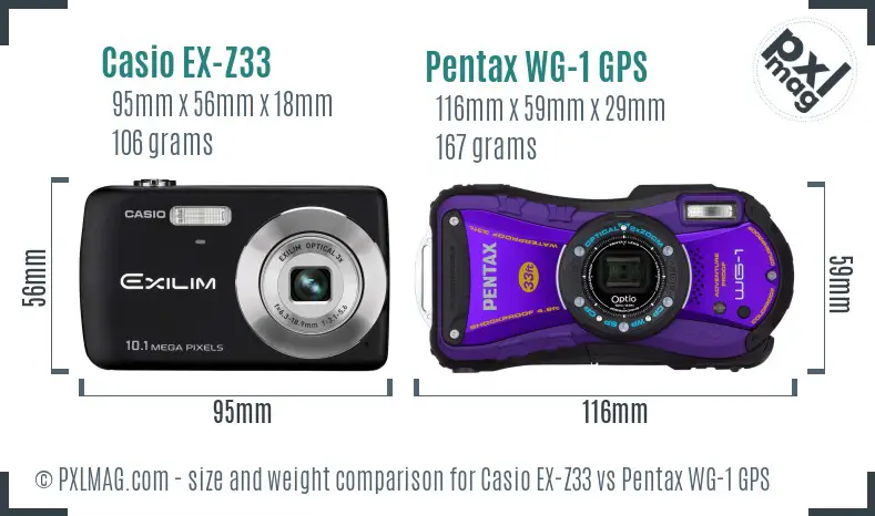 Casio EX-Z33 vs Pentax WG-1 GPS size comparison