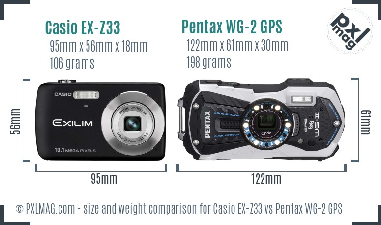 Casio EX-Z33 vs Pentax WG-2 GPS size comparison Casio EX-Z33 vs Pentax WG-2 GPS size comparison