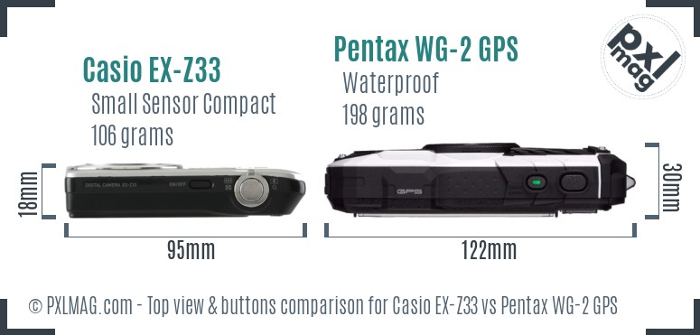 Casio EX-Z33 vs Pentax WG-2 GPS top view buttons comparison