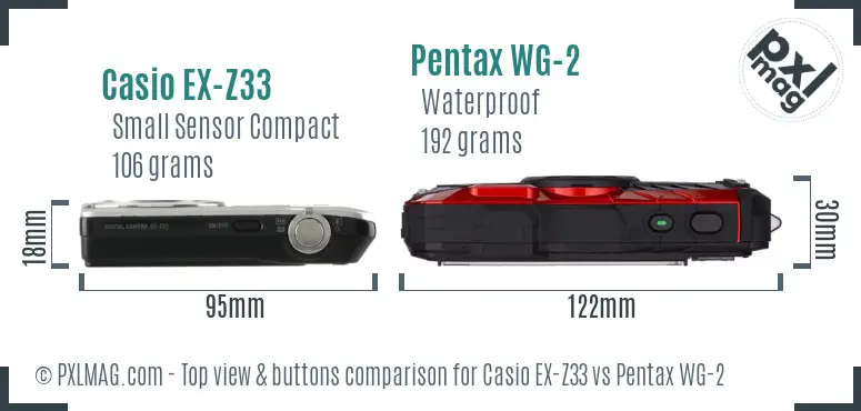 Casio EX-Z33 vs Pentax WG-2 top view buttons comparison