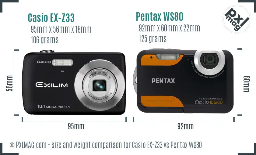 Casio EX-Z33 vs Pentax WS80 size comparison