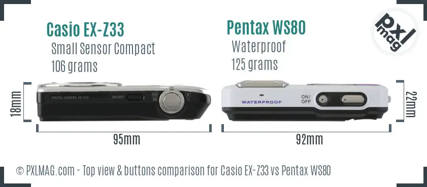 Casio EX-Z33 vs Pentax WS80 top view buttons comparison