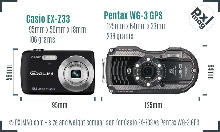 Casio EX-Z33 vs Pentax WG-3 GPS size comparison