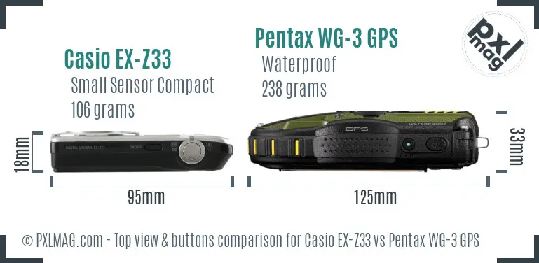 Casio EX-Z33 vs Pentax WG-3 GPS top view buttons comparison