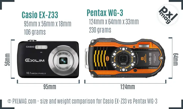 Casio EX-Z33 vs Pentax WG-3 size comparison