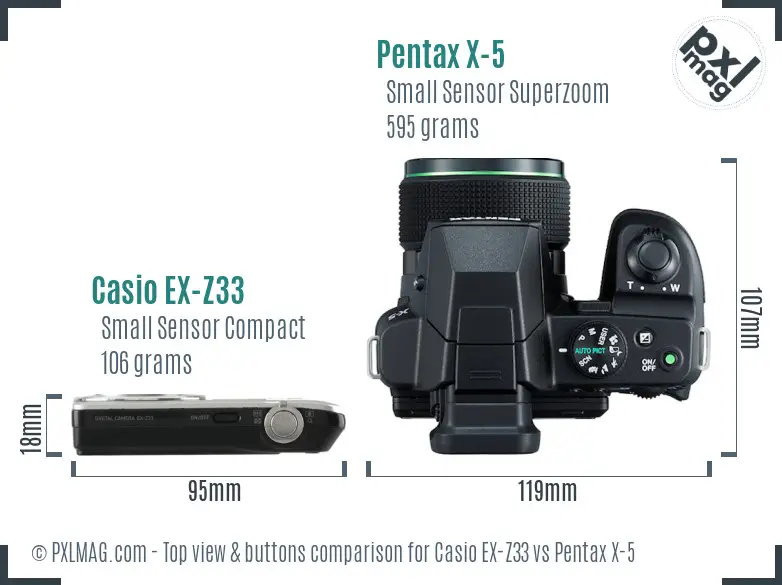 Casio EX-Z33 vs Pentax X-5 top view buttons comparison