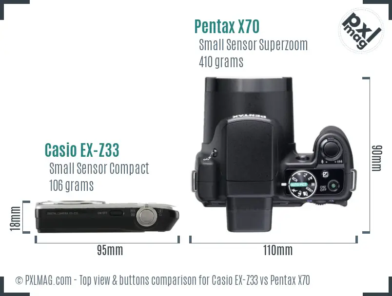 Casio EX-Z33 vs Pentax X70 top view buttons comparison