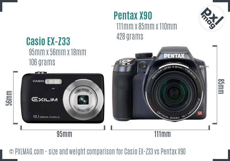 Casio EX-Z33 vs Pentax X90 size comparison