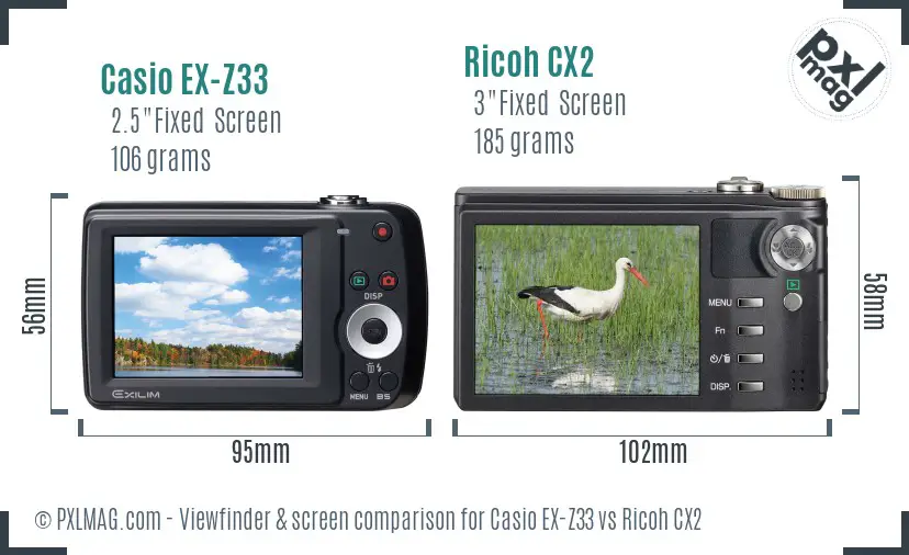 Casio EX-Z33 vs Ricoh CX2 Screen and Viewfinder comparison