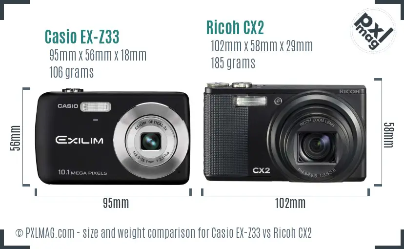 Casio EX-Z33 vs Ricoh CX2 size comparison