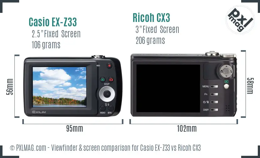 Casio EX-Z33 vs Ricoh CX3 Screen and Viewfinder comparison