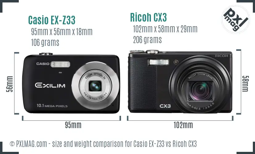 Casio EX-Z33 vs Ricoh CX3 size comparison