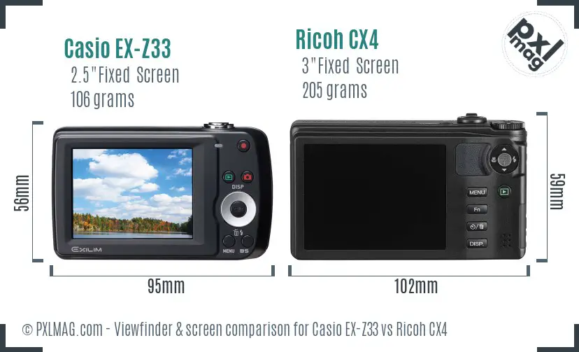 Casio EX-Z33 vs Ricoh CX4 Screen and Viewfinder comparison