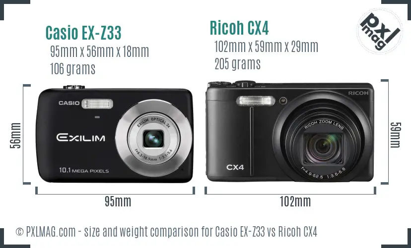 Casio EX-Z33 vs Ricoh CX4 size comparison