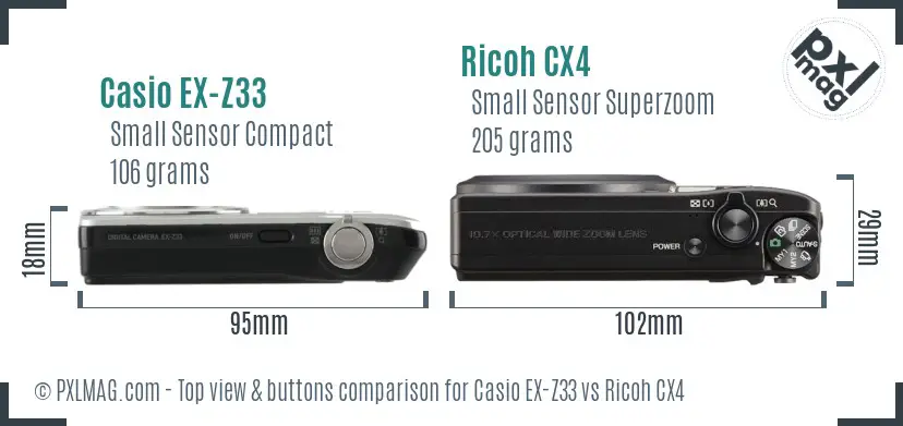 Casio EX-Z33 vs Ricoh CX4 top view buttons comparison