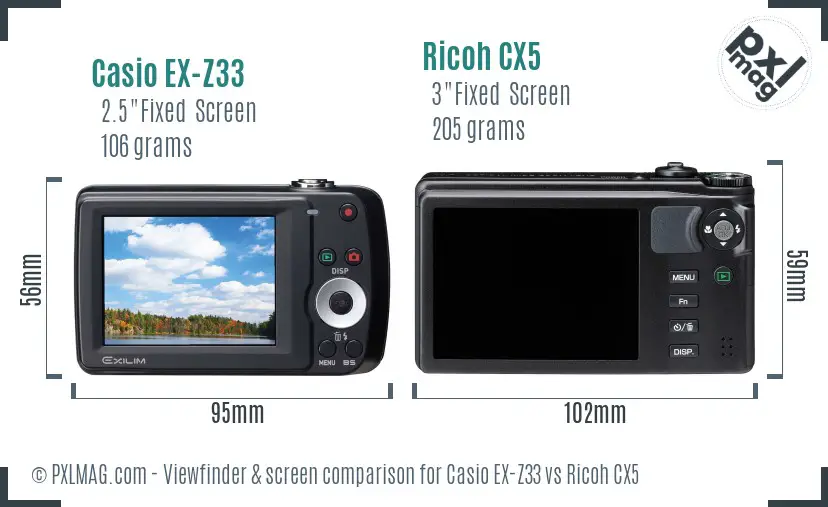 Casio EX-Z33 vs Ricoh CX5 Screen and Viewfinder comparison