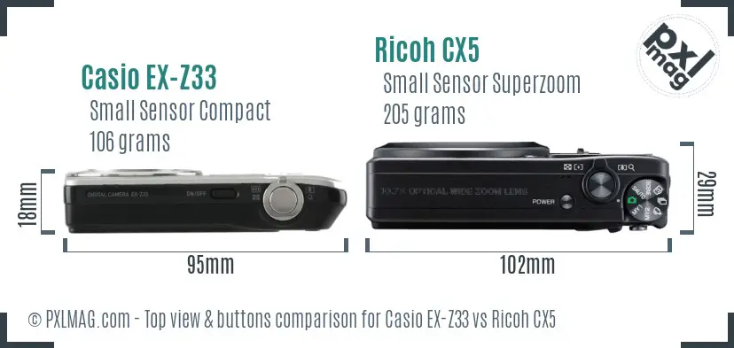 Casio EX-Z33 vs Ricoh CX5 top view buttons comparison